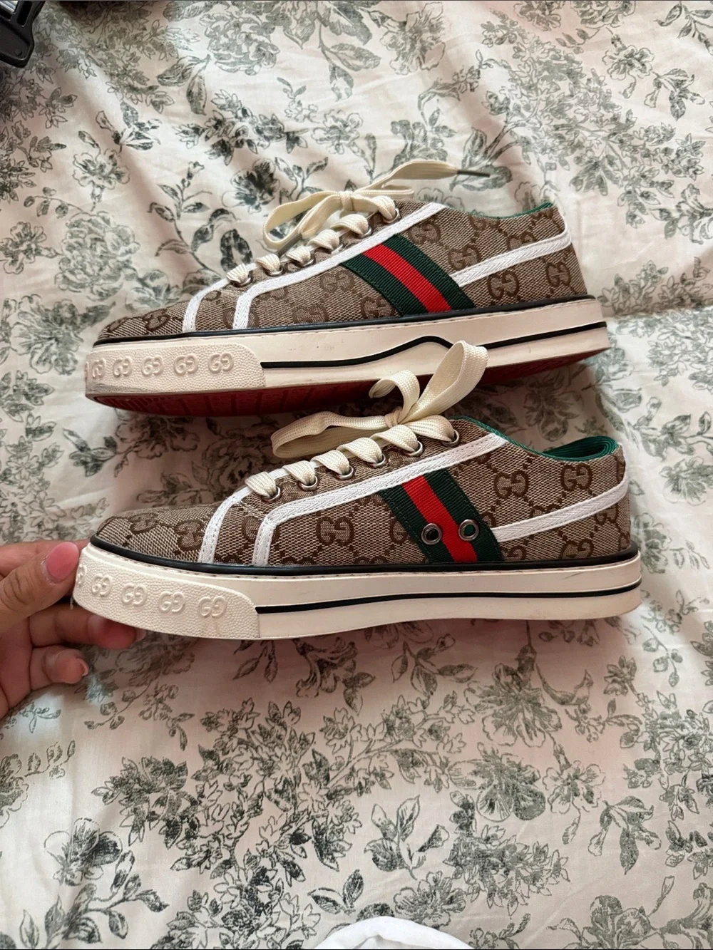 Beige GG Canvas Sneakers with Green Trim and Red Web Stripe - Picture 3 of 5